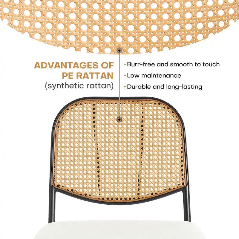 White / Black / Green Armless Dining Chair, Rattan Back & Boucle Seat, Set of 2 / 4 / 6