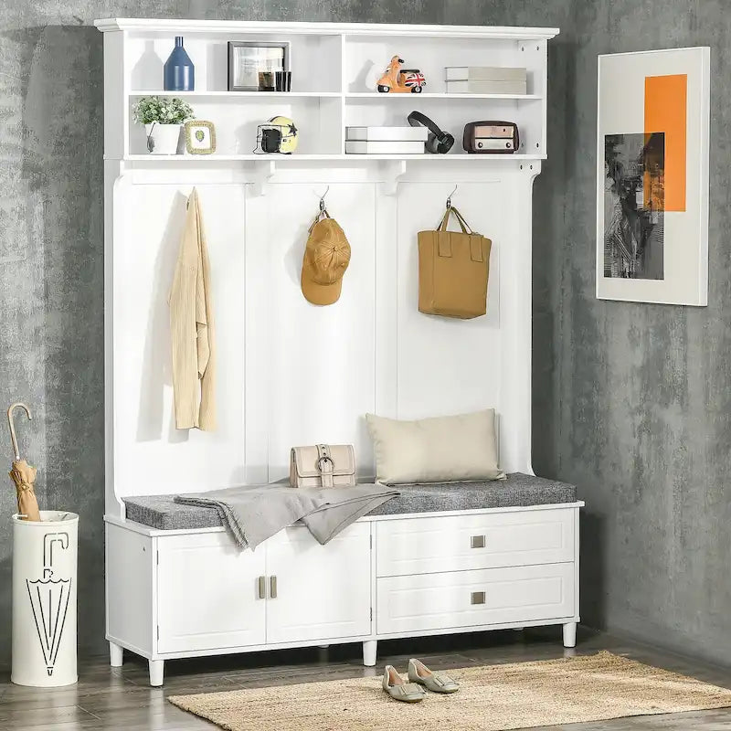 White Hall Tree with Storage Bench, Cabinet, Drawers & Hooks – 1 Person