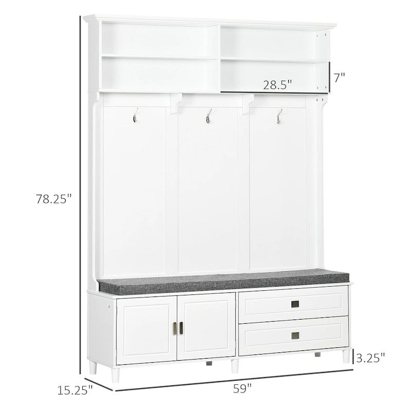 White Hall Tree with Storage Bench, Cabinet, Drawers & Hooks – 1 Person