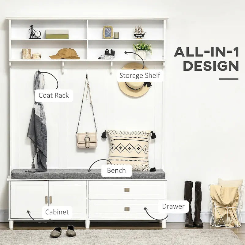White Hall Tree with Storage Bench, Cabinet, Drawers & Hooks – 1 Person