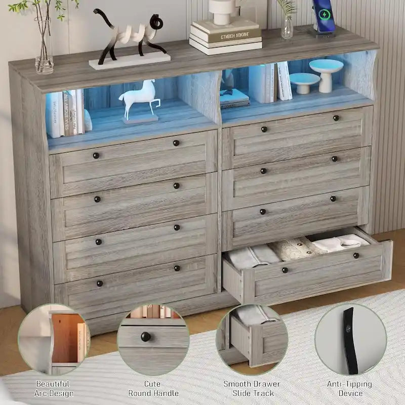 Brown / White / Grey / Black 8-Drawer Dresser with LED Lights & Charging Station, for 1 Person