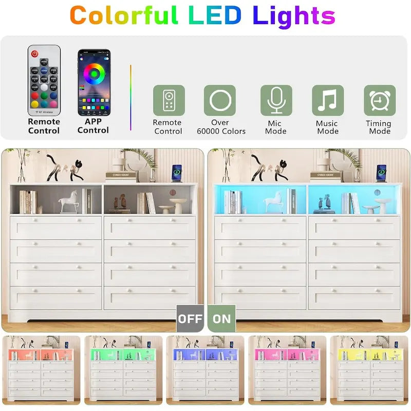 Brown / White / Grey / Black 8-Drawer Dresser with LED Lights & Charging Station, for 1 Person