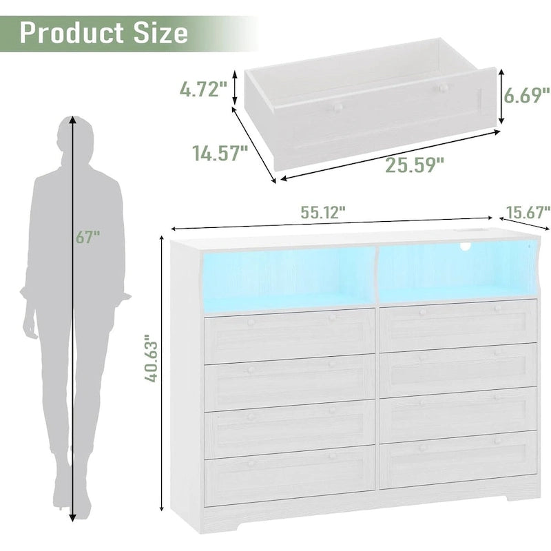 Brown / White / Grey / Black 8-Drawer Dresser with LED Lights & Charging Station, for 1 Person