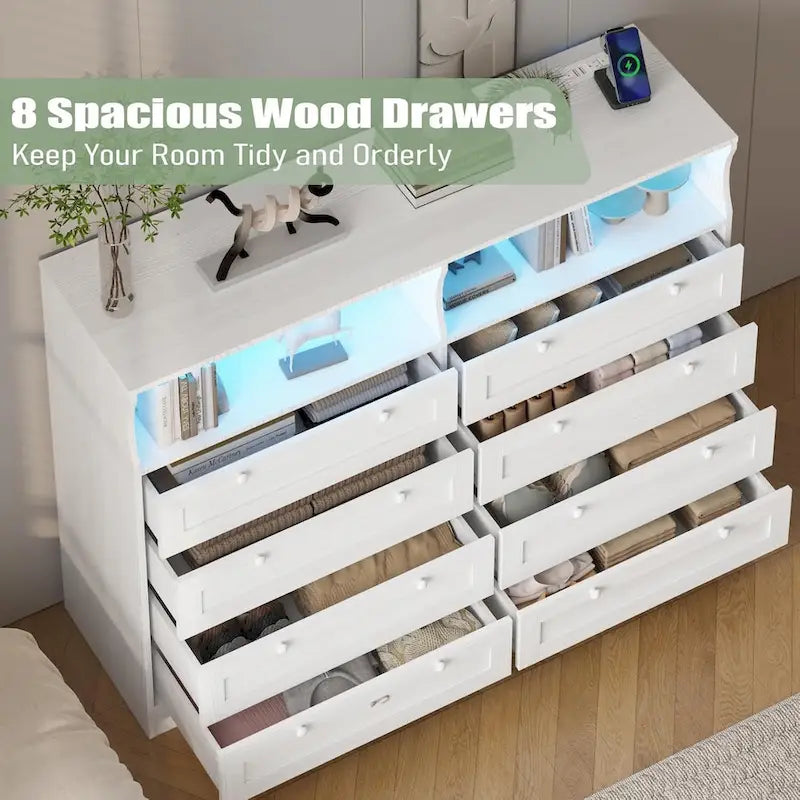 Brown / White / Grey / Black 8-Drawer Dresser with LED Lights & Charging Station, for 1 Person