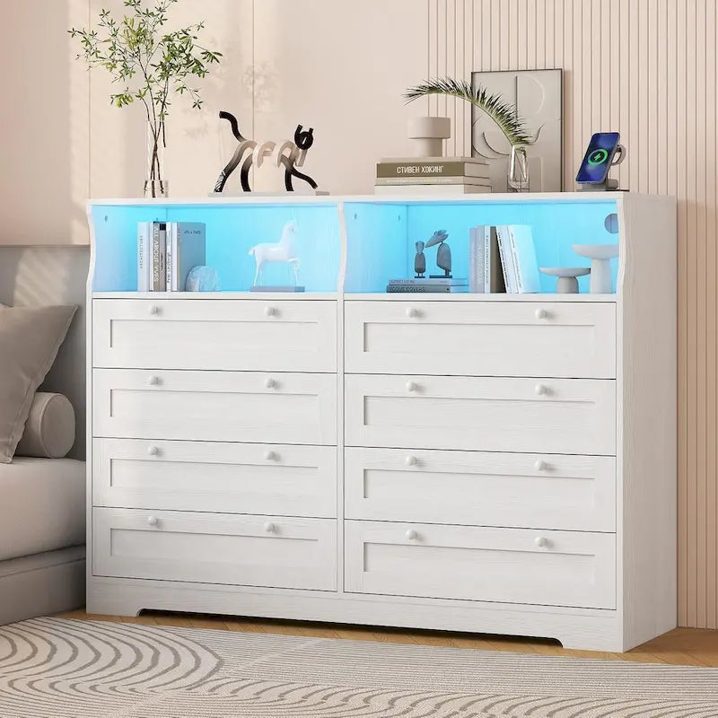 Brown / White / Grey / Black 8-Drawer Dresser with LED Lights & Charging Station, for 1 Person