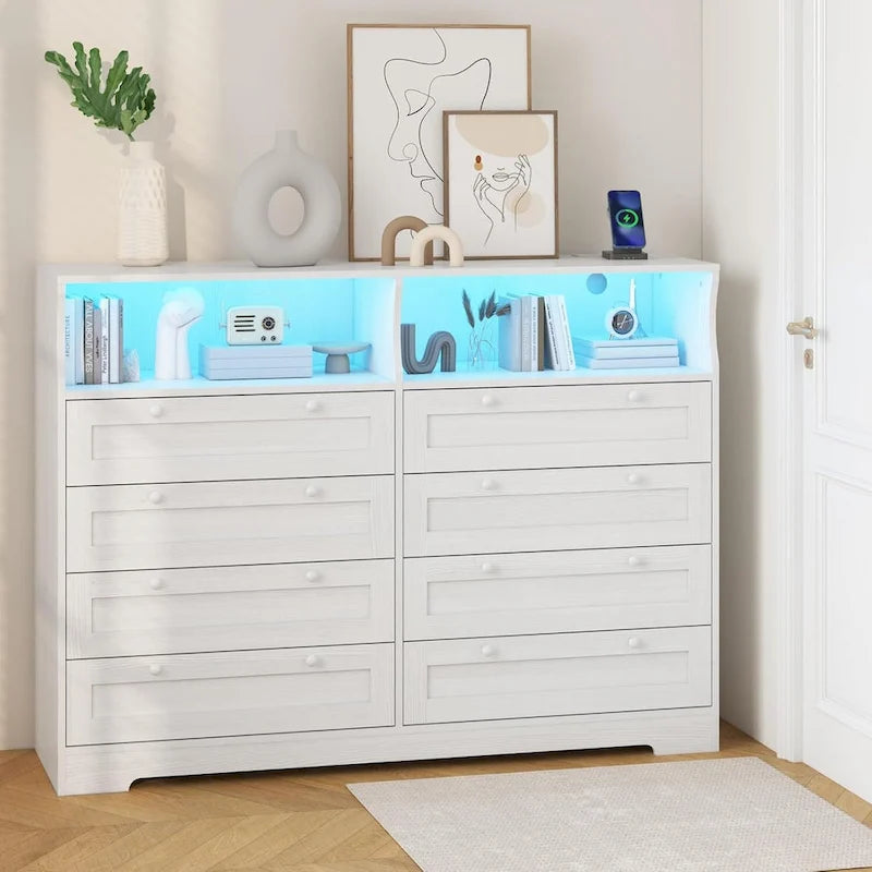 Brown / White / Grey / Black 8-Drawer Dresser with LED Lights & Charging Station, for 1 Person