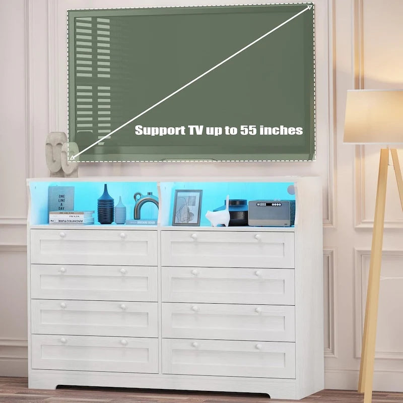 Brown / White / Grey / Black 8-Drawer Dresser with LED Lights & Charging Station, for 1 Person