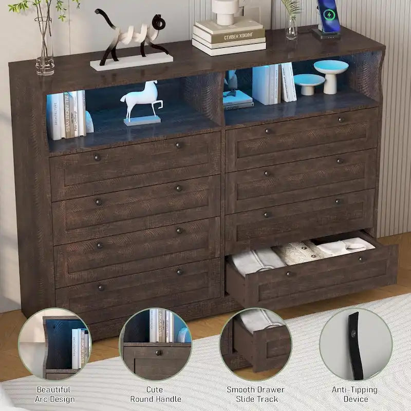 Brown / White / Grey / Black 8-Drawer Dresser with LED Lights & Charging Station, for 1 Person