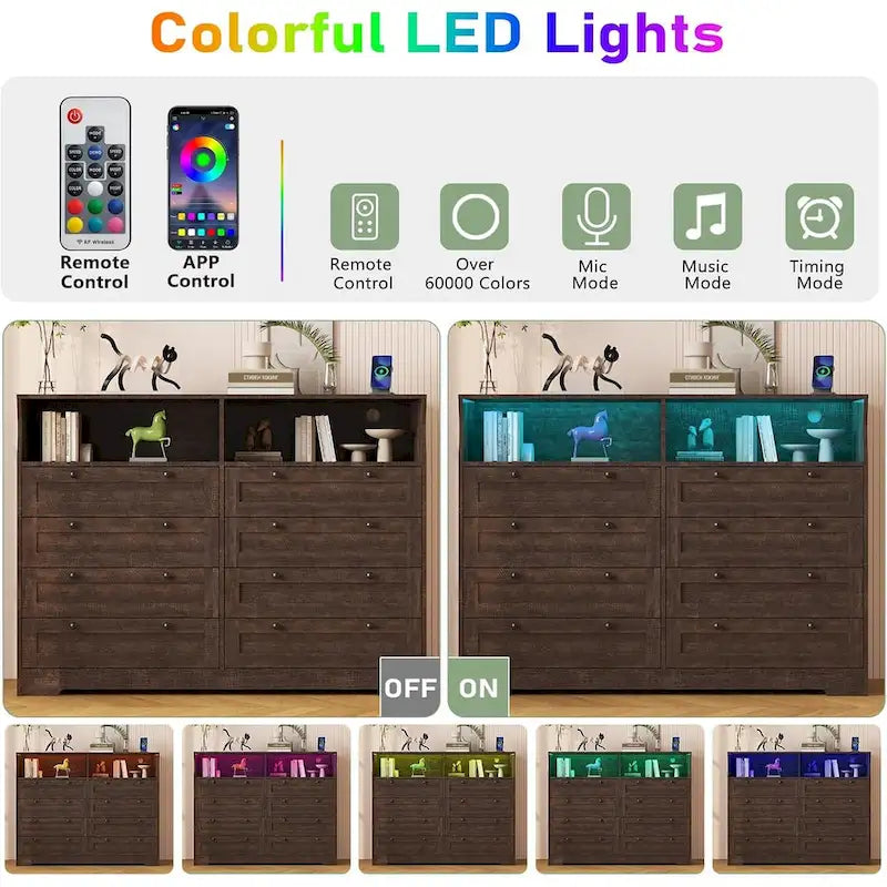 Brown / White / Grey / Black 8-Drawer Dresser with LED Lights & Charging Station, for 1 Person