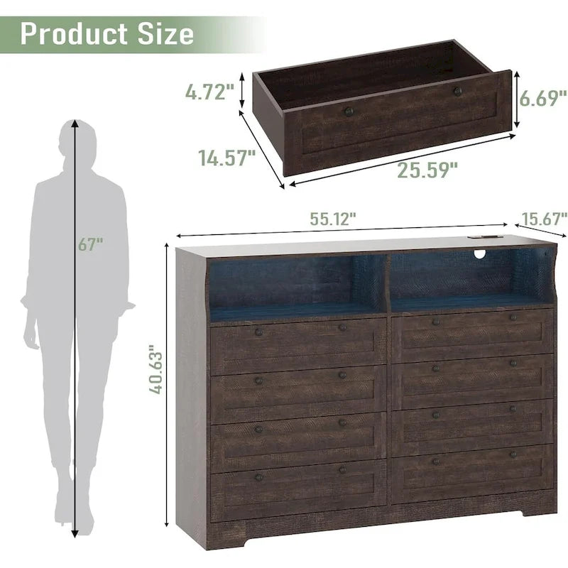 Brown / White / Grey / Black 8-Drawer Dresser with LED Lights & Charging Station, for 1 Person