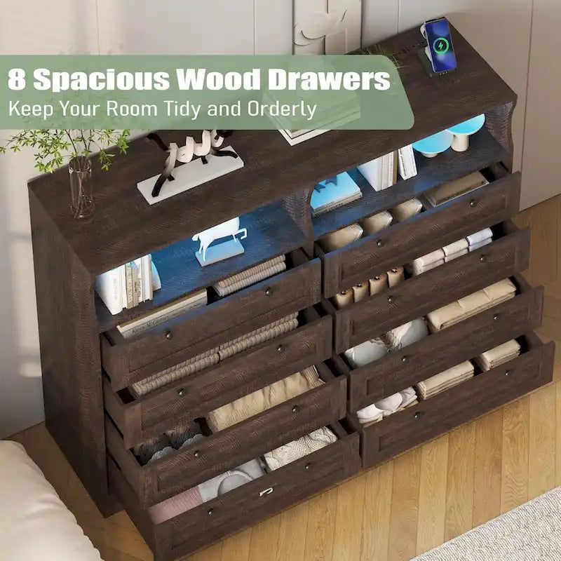 Brown / White / Grey / Black 8-Drawer Dresser with LED Lights & Charging Station, for 1 Person