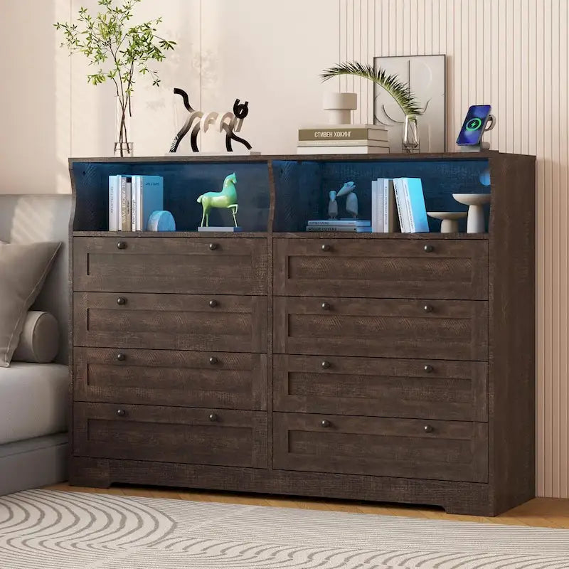 Brown / White / Grey / Black 8-Drawer Dresser with LED Lights & Charging Station, for 1 Person