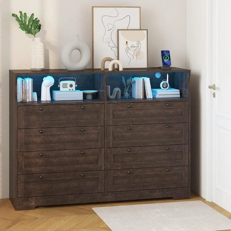 Brown / White / Grey / Black 8-Drawer Dresser with LED Lights & Charging Station, for 1 Person