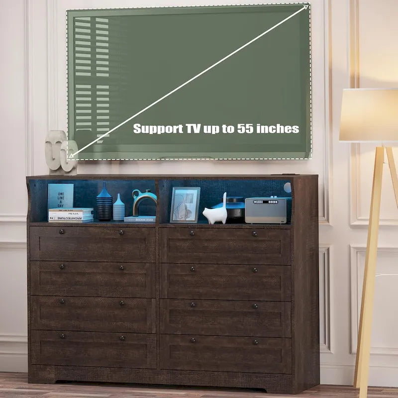 Brown / White / Grey / Black 8-Drawer Dresser with LED Lights & Charging Station, for 1 Person