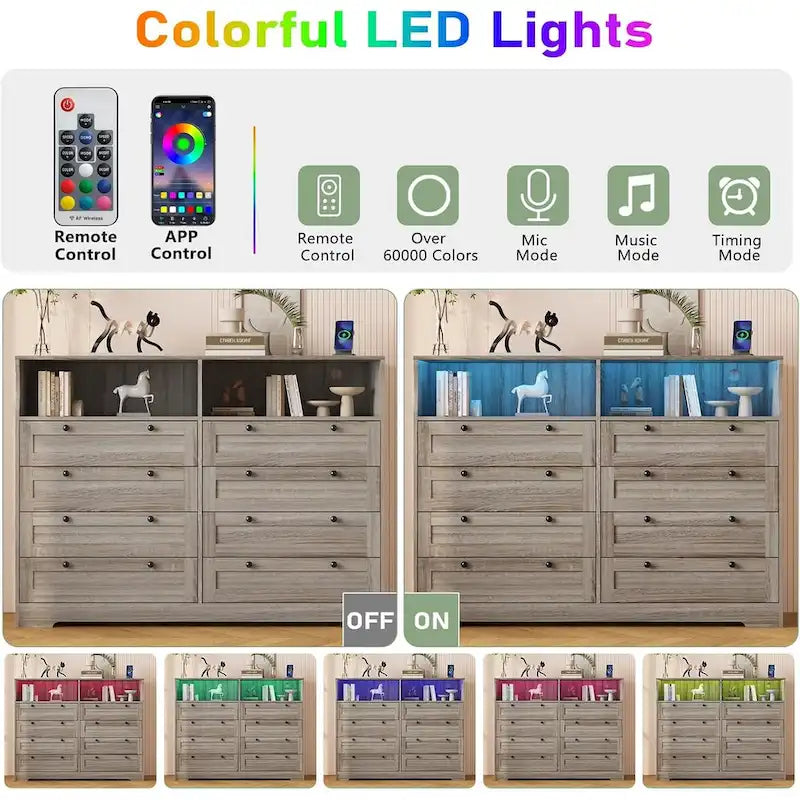 Brown / White / Grey / Black 8-Drawer Dresser with LED Lights & Charging Station, for 1 Person