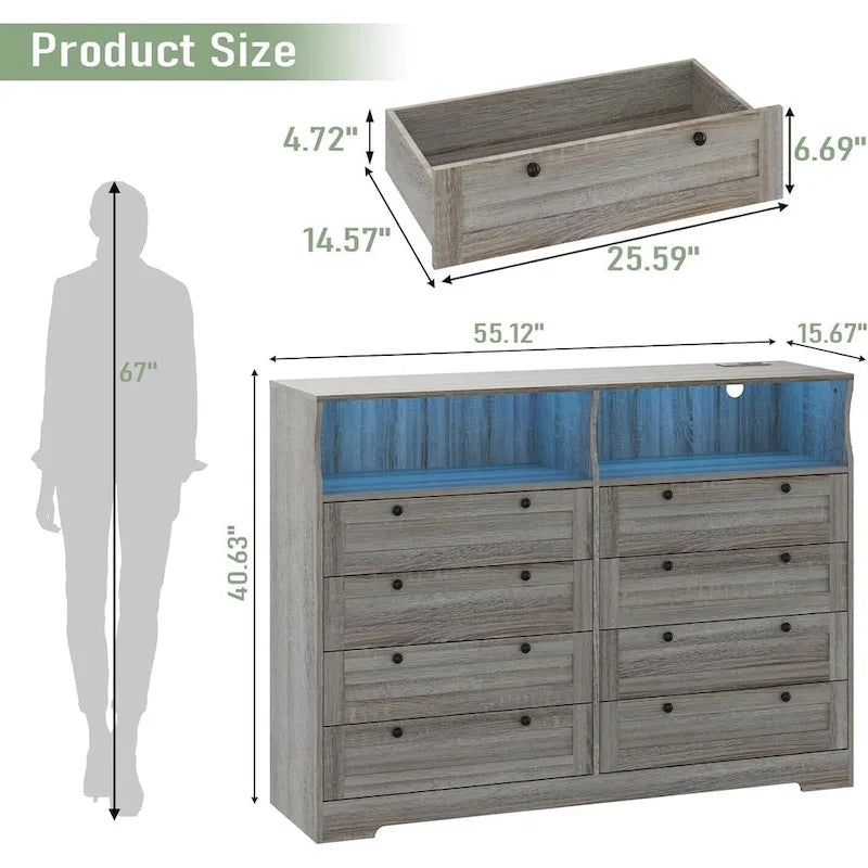 Brown / White / Grey / Black 8-Drawer Dresser with LED Lights & Charging Station, for 1 Person
