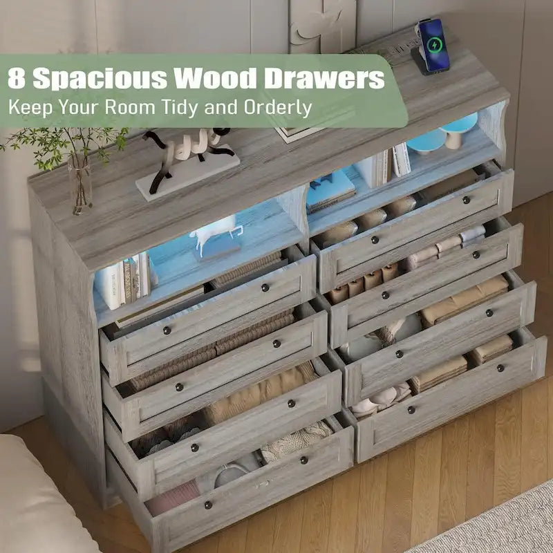 Brown / White / Grey / Black 8-Drawer Dresser with LED Lights & Charging Station, for 1 Person