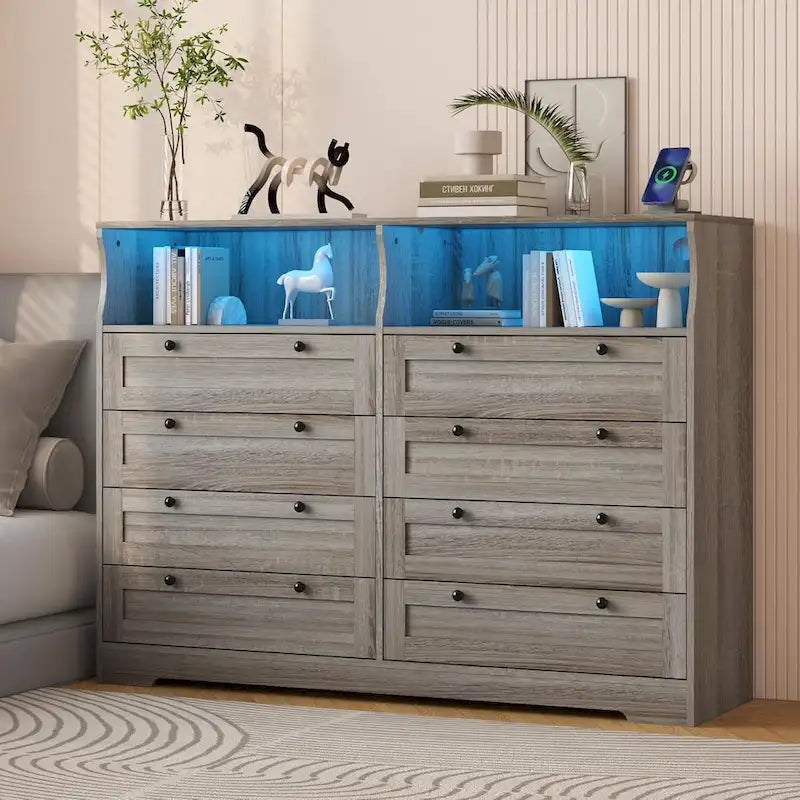 Brown / White / Grey / Black 8-Drawer Dresser with LED Lights & Charging Station, for 1 Person