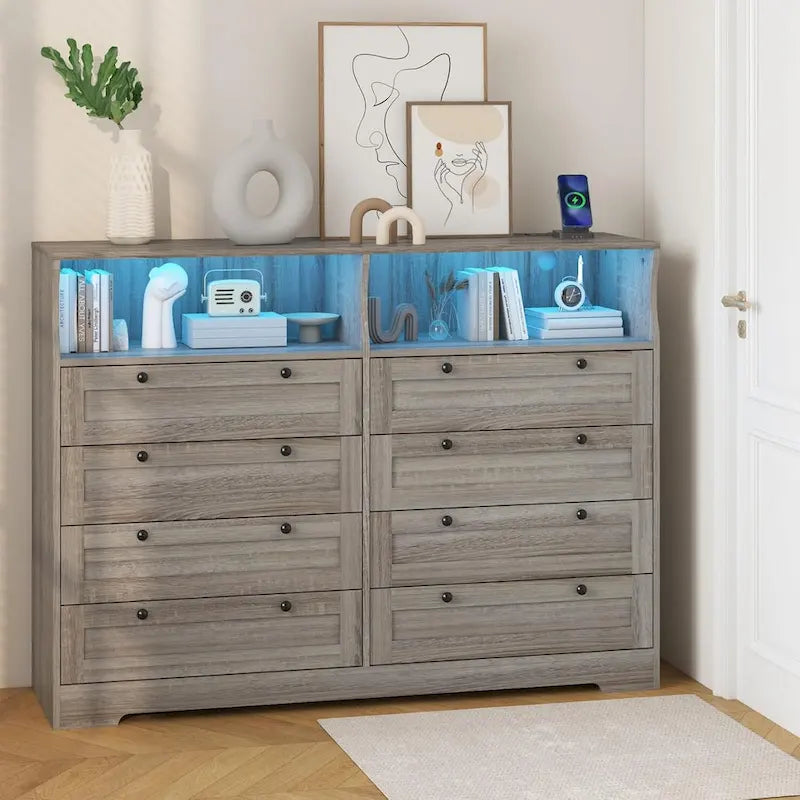 Brown / White / Grey / Black 8-Drawer Dresser with LED Lights & Charging Station, for 1 Person