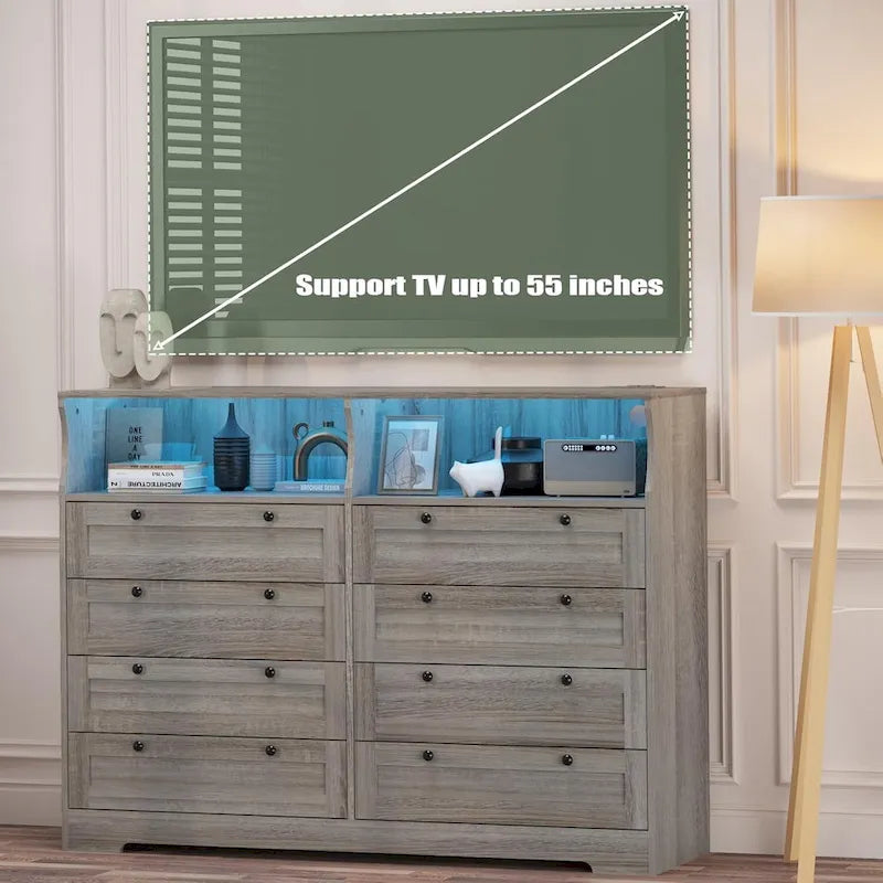 Brown / White / Grey / Black 8-Drawer Dresser with LED Lights & Charging Station, for 1 Person