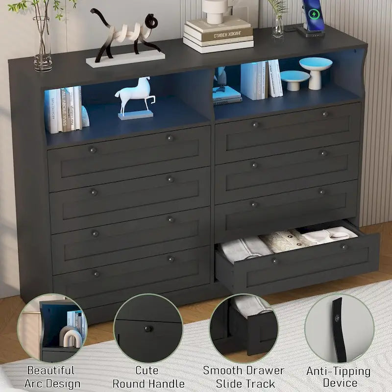 Brown / White / Grey / Black 8-Drawer Dresser with LED Lights & Charging Station, for 1 Person