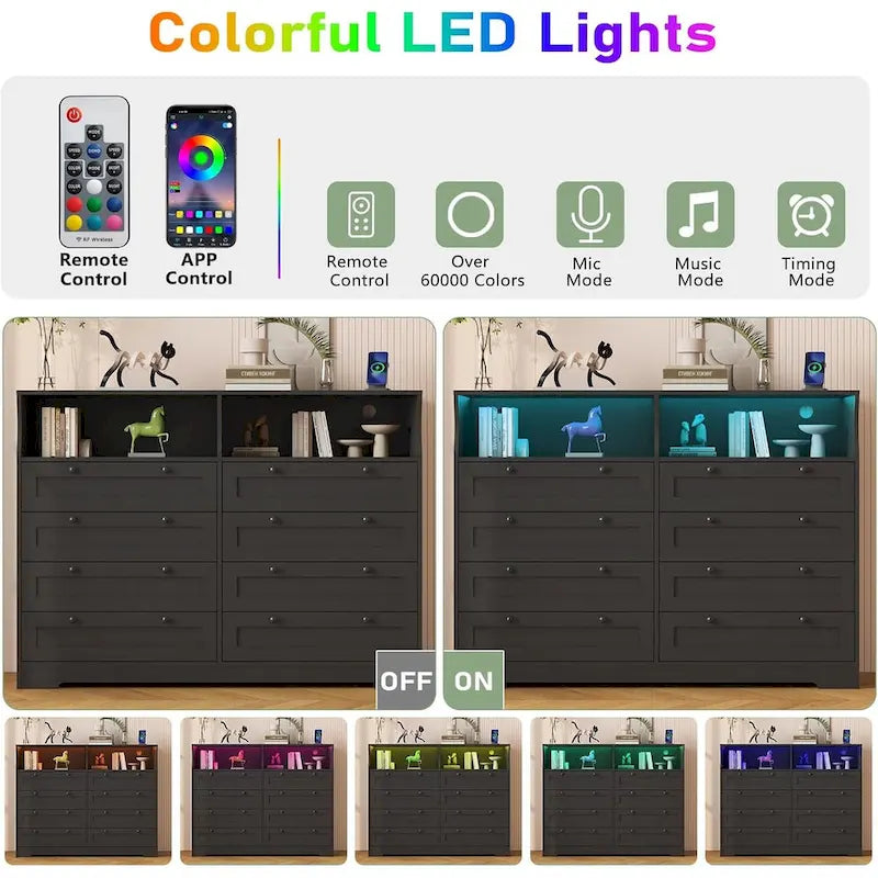 Brown / White / Grey / Black 8-Drawer Dresser with LED Lights & Charging Station, for 1 Person