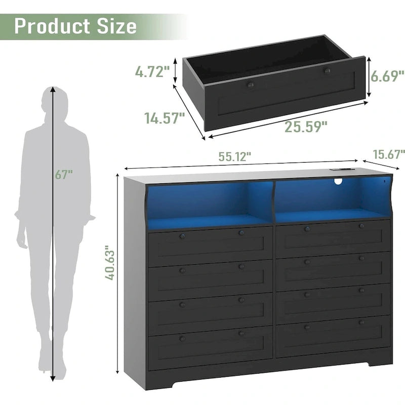 Brown / White / Grey / Black 8-Drawer Dresser with LED Lights & Charging Station, for 1 Person