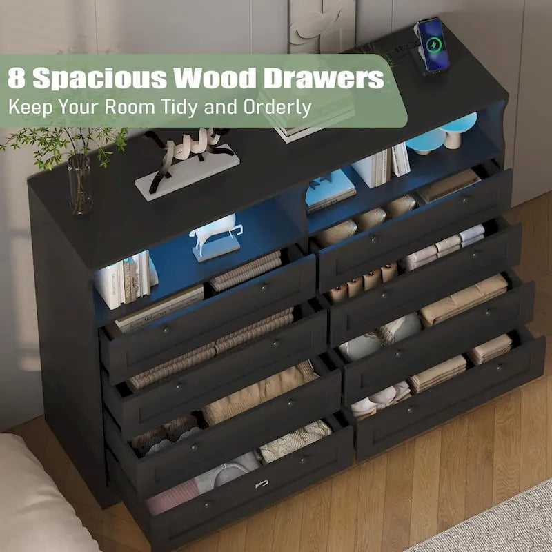Brown / White / Grey / Black 8-Drawer Dresser with LED Lights & Charging Station, for 1 Person