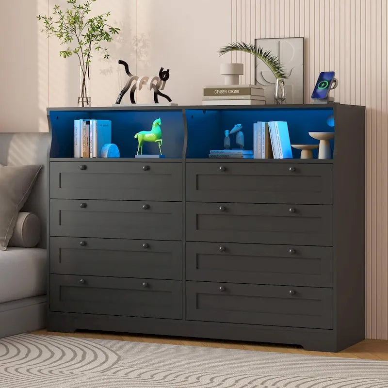 Brown / White / Grey / Black 8-Drawer Dresser with LED Lights & Charging Station, for 1 Person