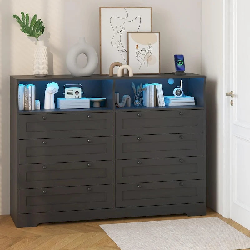 Brown / White / Grey / Black 8-Drawer Dresser with LED Lights & Charging Station, for 1 Person