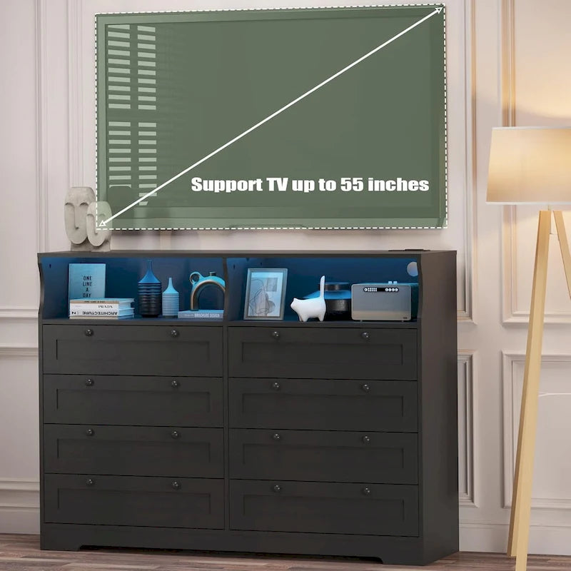 Brown / White / Grey / Black 8-Drawer Dresser with LED Lights & Charging Station, for 1 Person