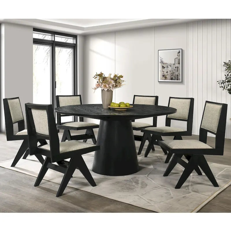 Black 7-Piece Round Dining Set, Seats 6, Mid-Century Modern Style
