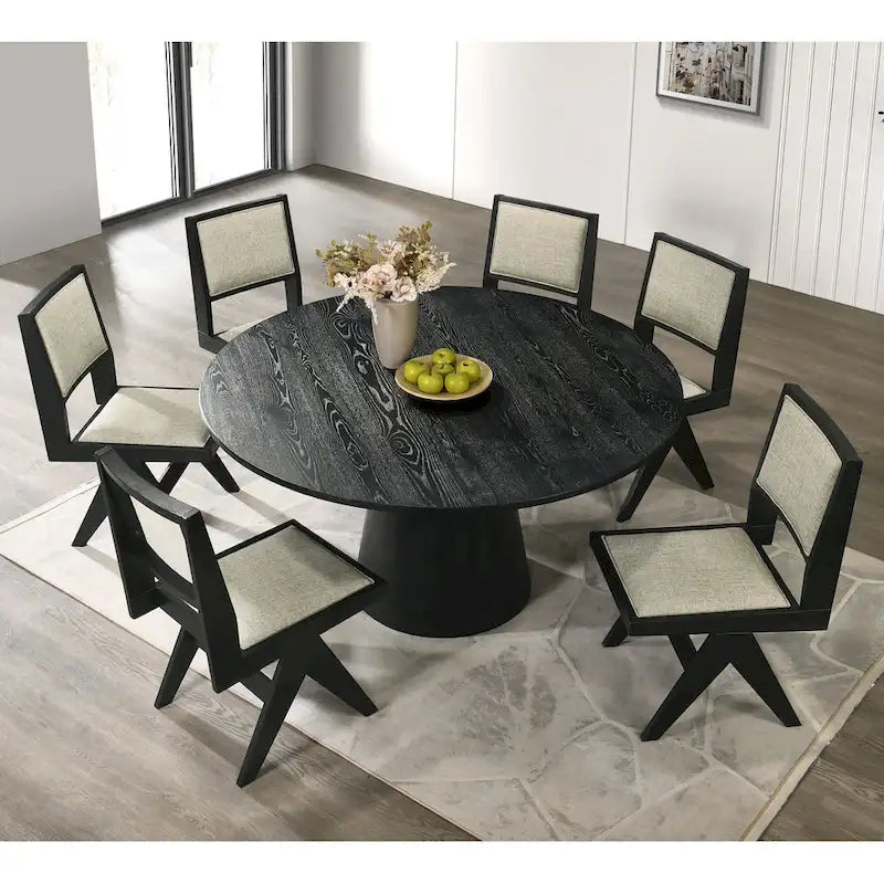 Black 7-Piece Round Dining Set, Seats 6, Mid-Century Modern Style