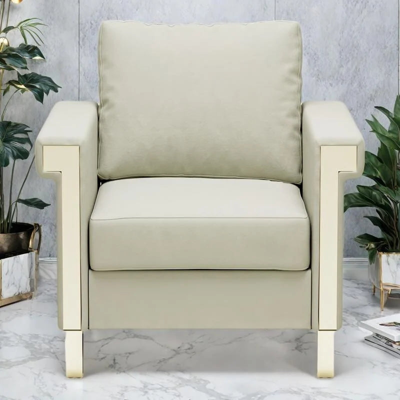 Cream White & Orange Velvet Accent Chair, Single Seat, Removable Cushions & Metal Legs