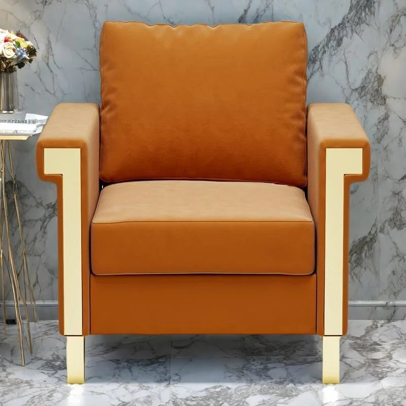 Cream White & Orange Velvet Accent Chair, Single Seat, Removable Cushions & Metal Legs