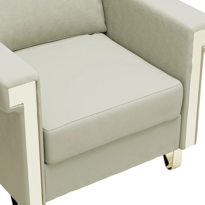 Cream White & Orange Velvet Accent Chair, Single Seat, Removable Cushions & Metal Legs