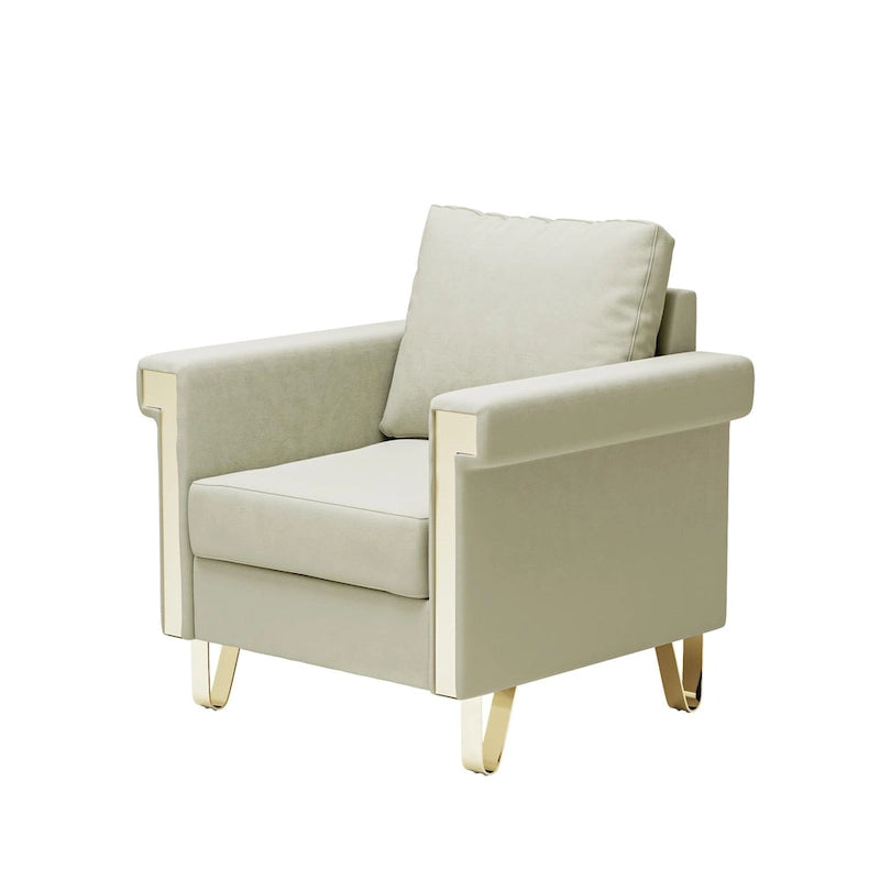 Cream White & Orange Velvet Accent Chair, Single Seat, Removable Cushions & Metal Legs