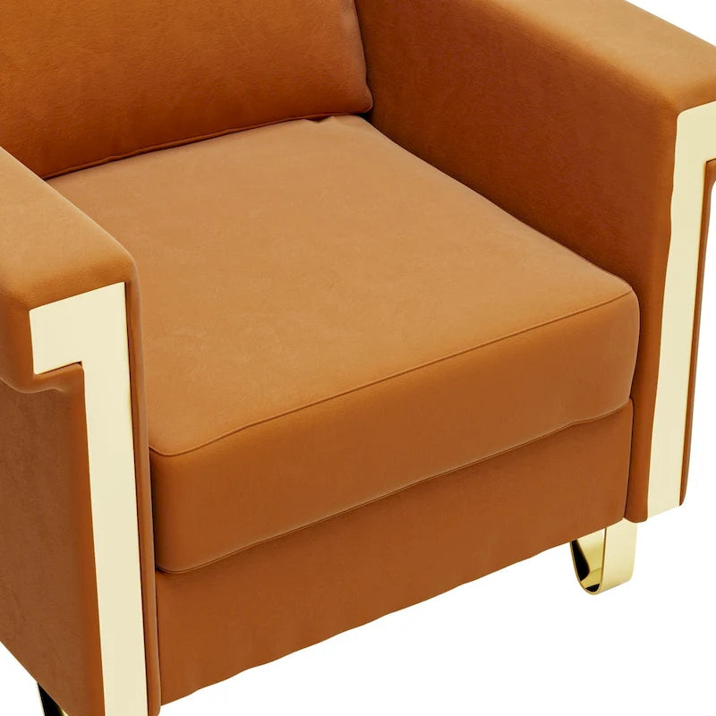 Cream White & Orange Velvet Accent Chair, Single Seat, Removable Cushions & Metal Legs