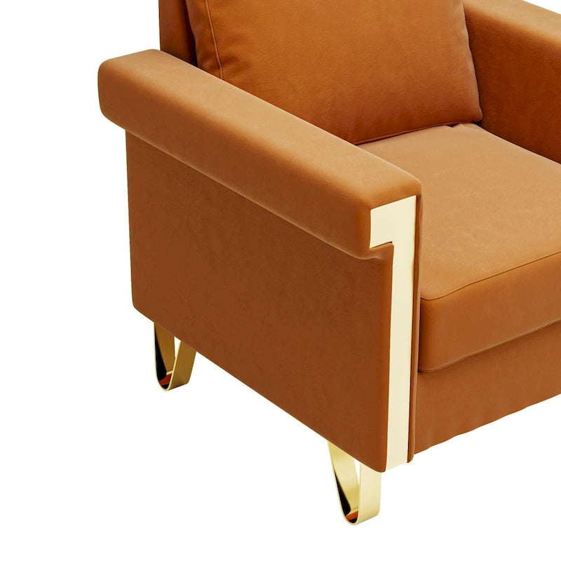 Cream White & Orange Velvet Accent Chair, Single Seat, Removable Cushions & Metal Legs
