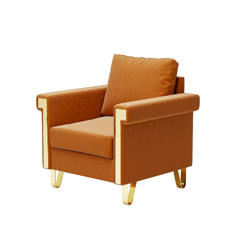 Cream White & Orange Velvet Accent Chair, Single Seat, Removable Cushions & Metal Legs