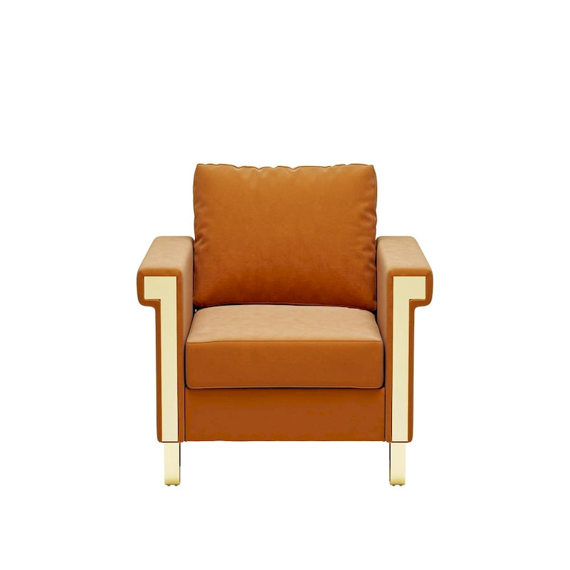 Cream White & Orange Velvet Accent Chair, Single Seat, Removable Cushions & Metal Legs