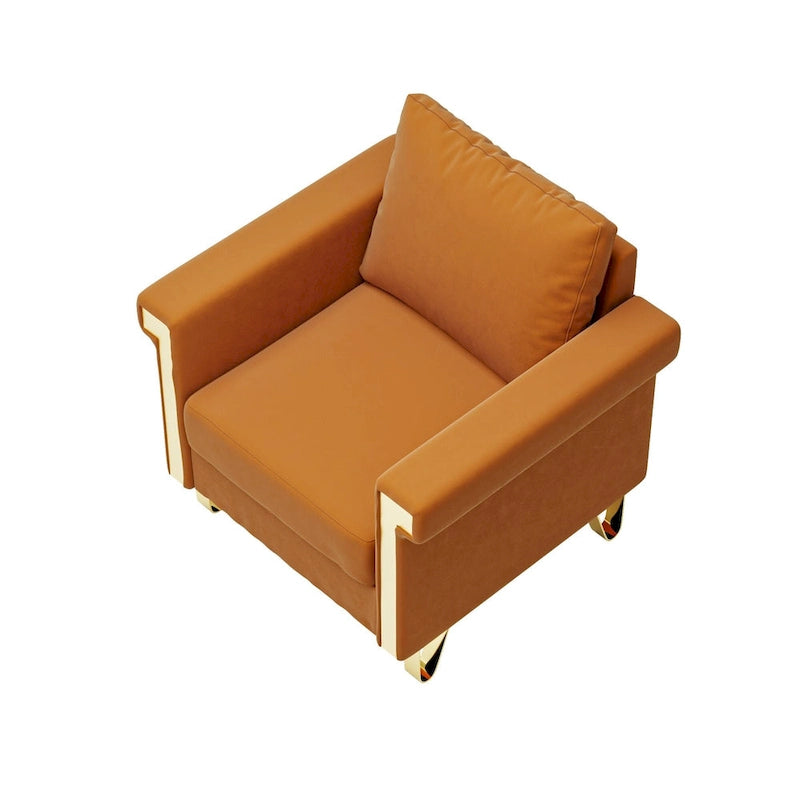 Cream White & Orange Velvet Accent Chair, Single Seat, Removable Cushions & Metal Legs