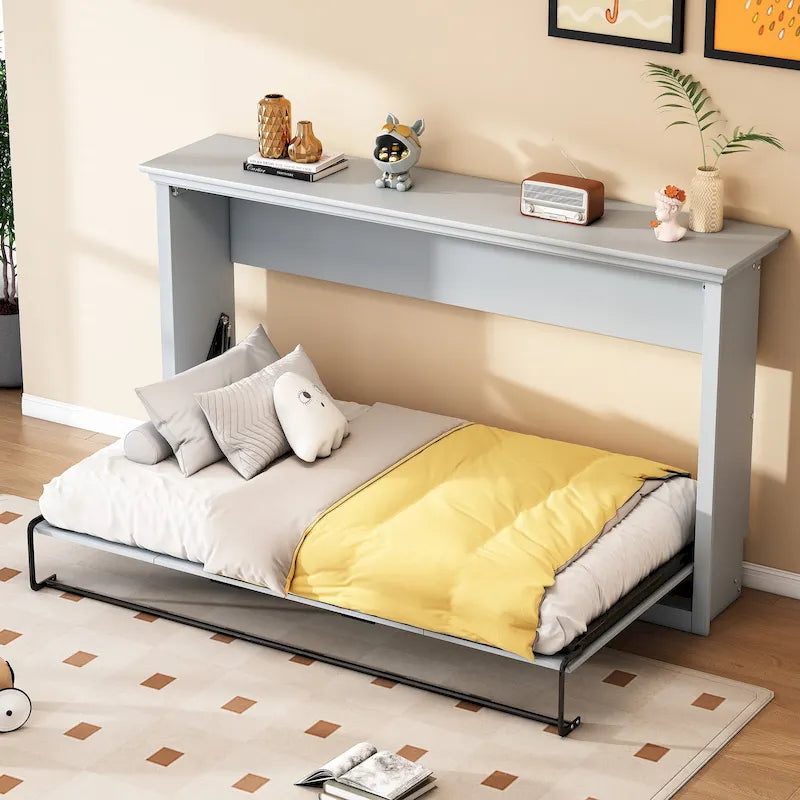 Grey Twin Murphy Wall Bed, Space-Saving Fold-Down Bed for 1 Person
