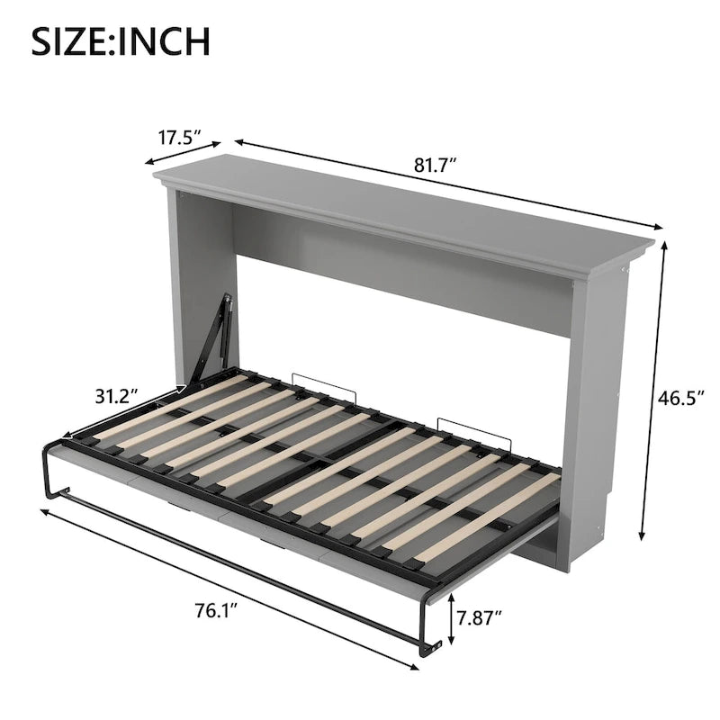 Grey Twin Murphy Wall Bed, Space-Saving Fold-Down Bed for 1 Person