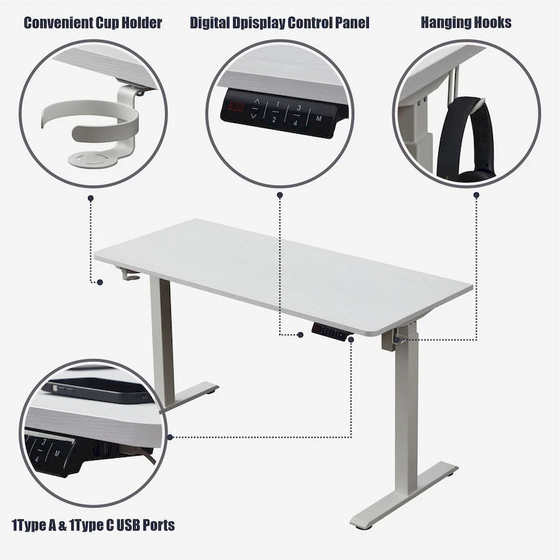 White 55" Electric Height-Adjustable Standing Desk – Sit/Stand, 1–2 Person