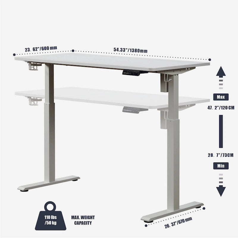White 55" Electric Height-Adjustable Standing Desk – Sit/Stand, 1–2 Person