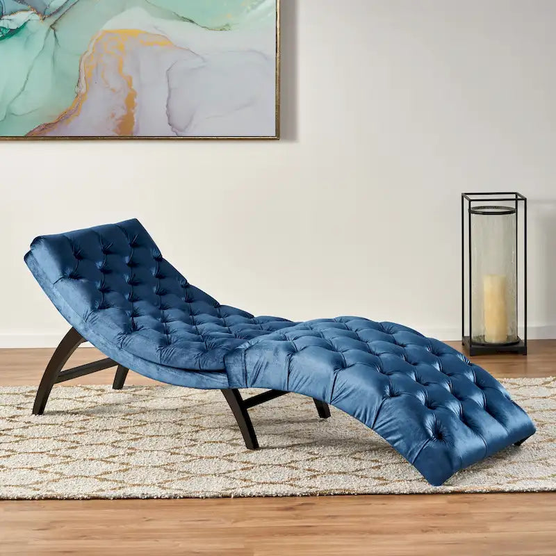 Tufted Velvet Chaise Lounge – Dark Brown Legs, 1-Person