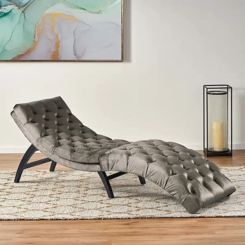 Tufted Velvet Chaise Lounge – Dark Brown Legs, 1-Person