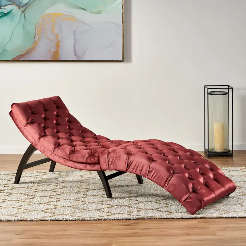 Tufted Velvet Chaise Lounge – Dark Brown Legs, 1-Person