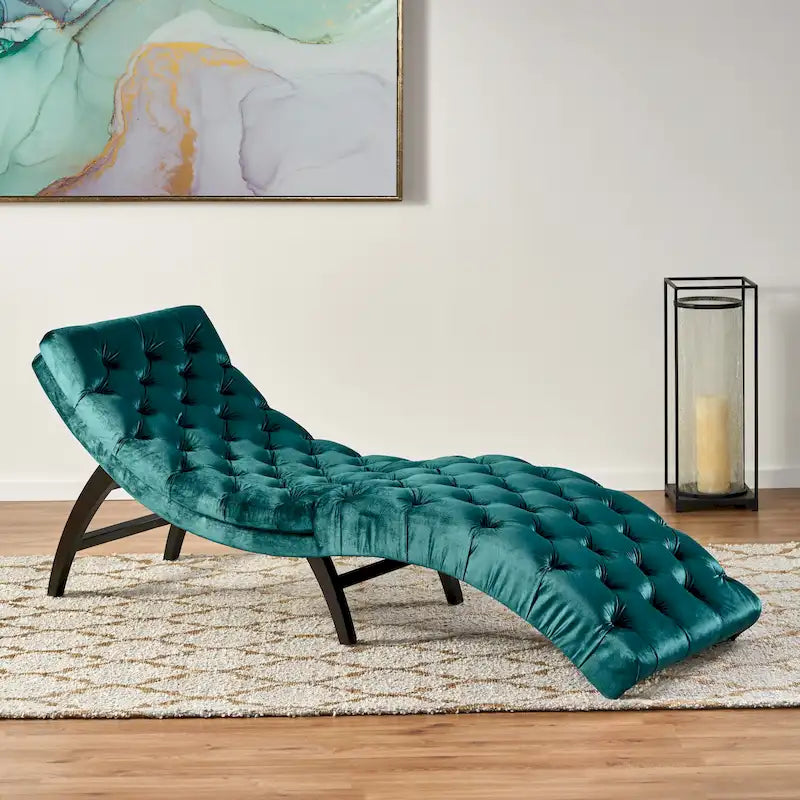 Tufted Velvet Chaise Lounge – Dark Brown Legs, 1-Person